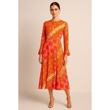 Orange Paisley Print Silk Blend Midi Dress Bell Sleeve Flared Women 12