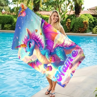 1 Personalized Custom Beach Towel Featuring a Fantastical Unicorn Dragon Desig