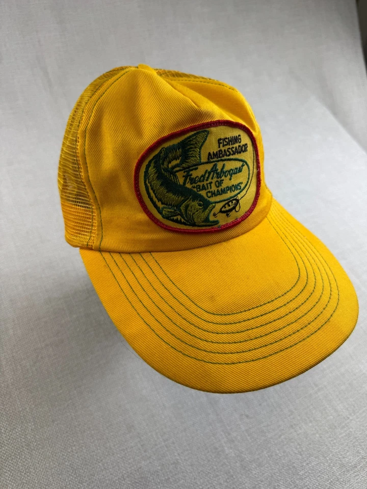 De colección Fred Arbogast Señuelos Sombrero Amarillo Billete Largo Snapback Torneo Pesca Foto 3 de 4