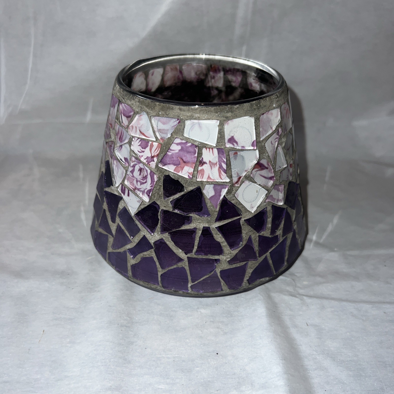 Home Interiors Mosaic Glass Candle Lamp Shade Purple & Pink Topper GUC