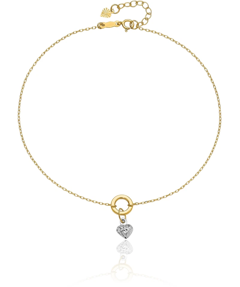Pulsera tobillera corazón redondo oro macizo de dos tonos 14K Foto 3 de 4