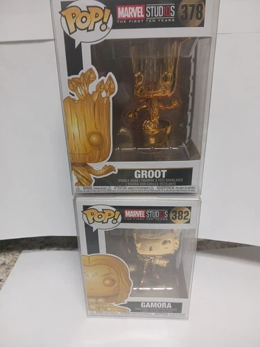 2 Funko POP! Marvel Studio's  Gold Chrome Gamora #382 & Groot 378