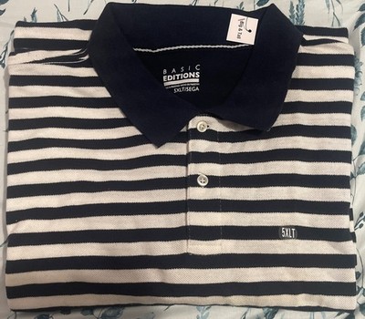 Basic Editions Men's 5xlt Dark Blue Short Sleeve Button Up Striped Shirt New