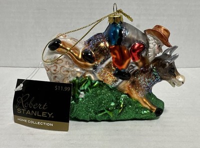 Bucking Bull Riding Rodeo Cowboy Santa Glass Christmas Ornament Robert Stanley