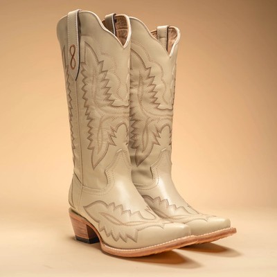 Women s Amelia Snip Square Toe Cowboy Boots Bone Full Leather Western Boot