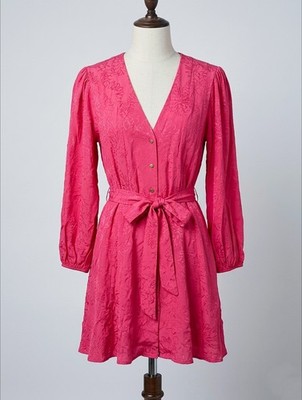 RESERVED Kleid Jacquard Floral Pink Mini Gr. S V-Ausschnitt Bindegürtel