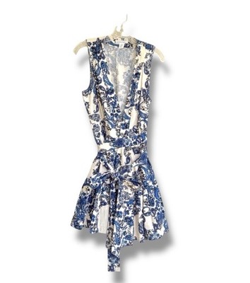 christian lacroix blue and white dress Christian Lacroix Linen Wrap Dress White & Blue Floral & Paisley Midi 90's Style