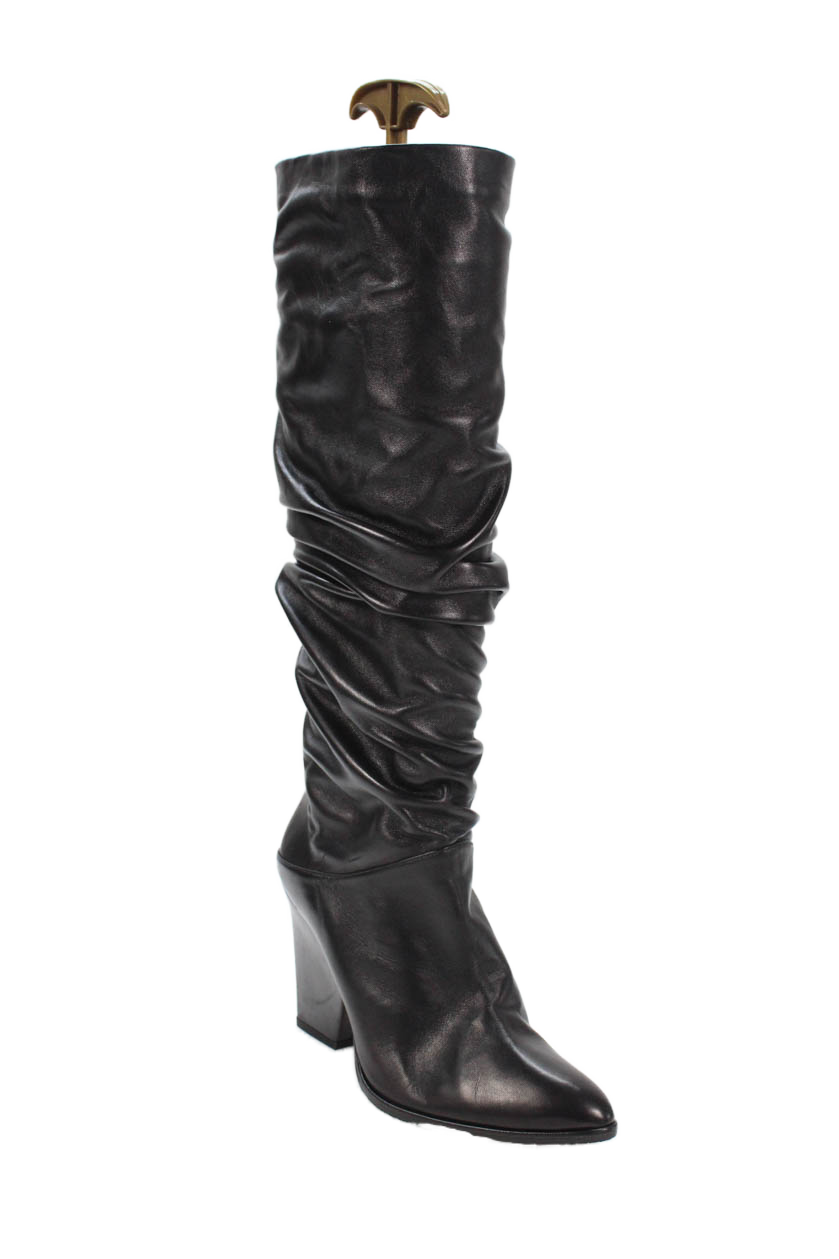 Stuart Weitzman Womens Leather Ruched Mid-Calf Boots Black Size 8M