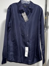 Nine West Men's Classic Fit Navy Solid Sateen Dress Shirt L 16-16.5 34/35 Org$39