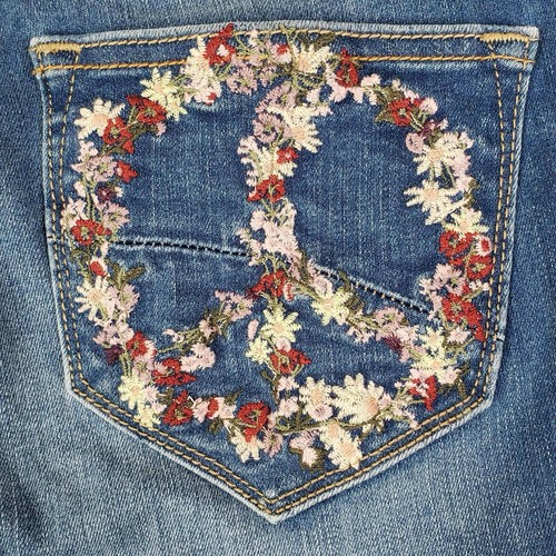 Pantalones de mezclilla para mujer Driftwood Farrah acampanados bordados florales azules talla 26x34 - Imagen 6 de 11
