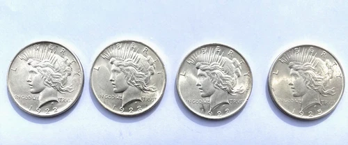 Lot of 4 Beautiful Peace Dollars, High Luster, 90% Silver, AU, 1921-1925