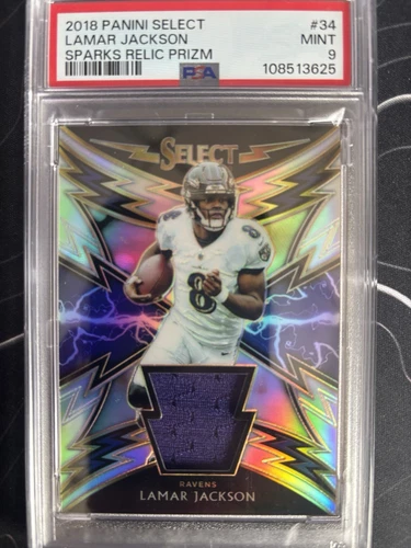 2018 Select - LAMAR JACKSON ROOKIE - Player Worn - Spark Relic Prizm /99 - PSA 9
