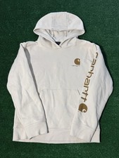 Carhartt Boys Medium Sweatshirt Hoodie Cream Brown Logo Sleeve