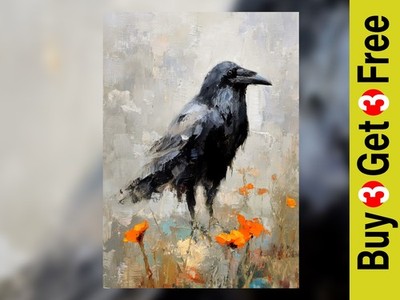Majestätische schwarze Krähe 5''x7'' Druck auf mattem Papier | Symbolischer Vogel Ölgemälde
