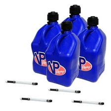 VP Racing Blue 4 Pack + 4 Fill Hoses Square Fuel Jug Gas Can 4x4 Off Road ATV