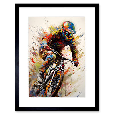 Mountainbiker Portrait Splat Paint Action Shot gerahmter Wandkunstdruck 9 x 7 Zoll