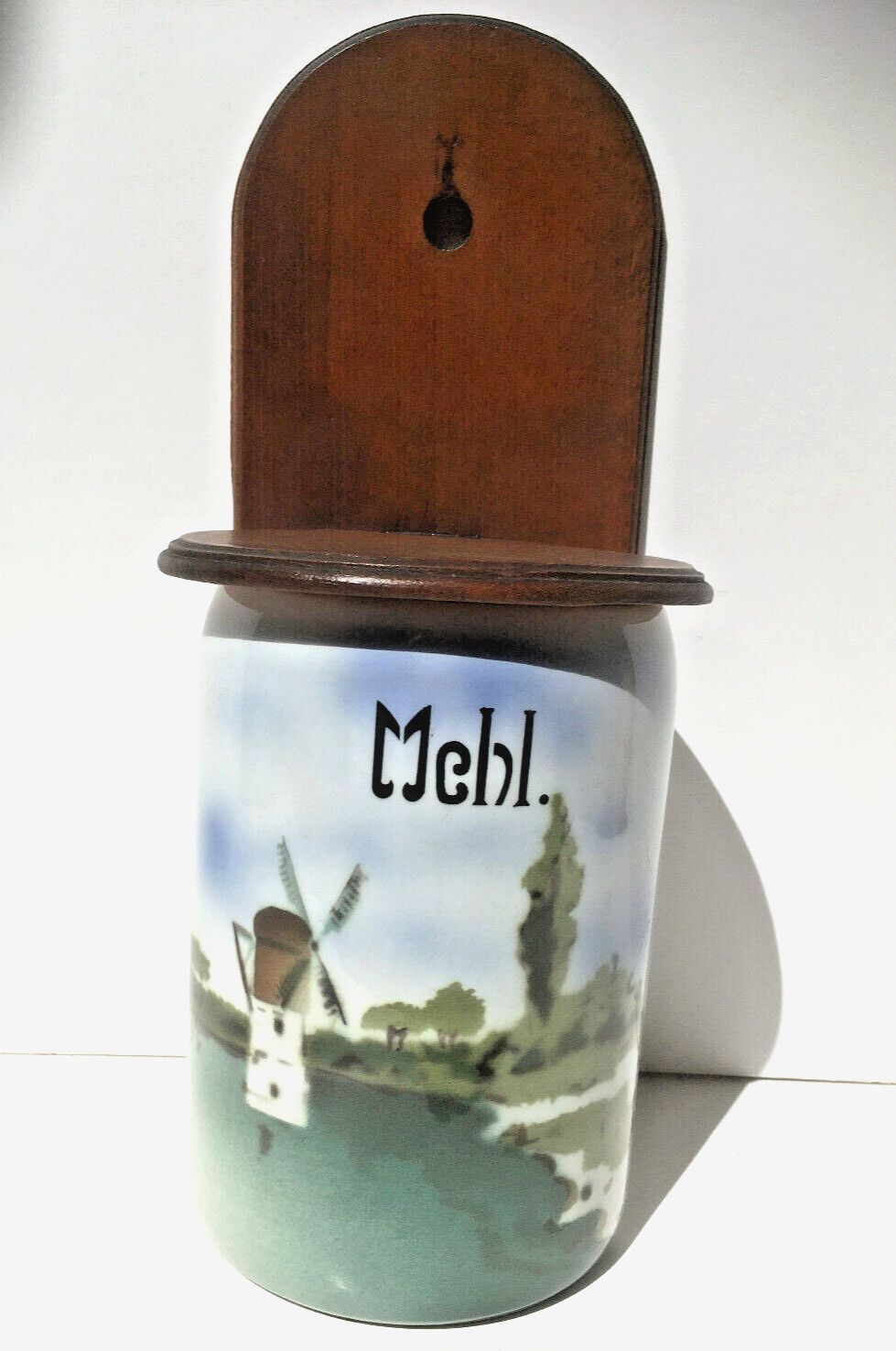 Caja de almacenamiento lata de harina lata de porcelana tapa de madera imagen molino Holanda antiguo grande