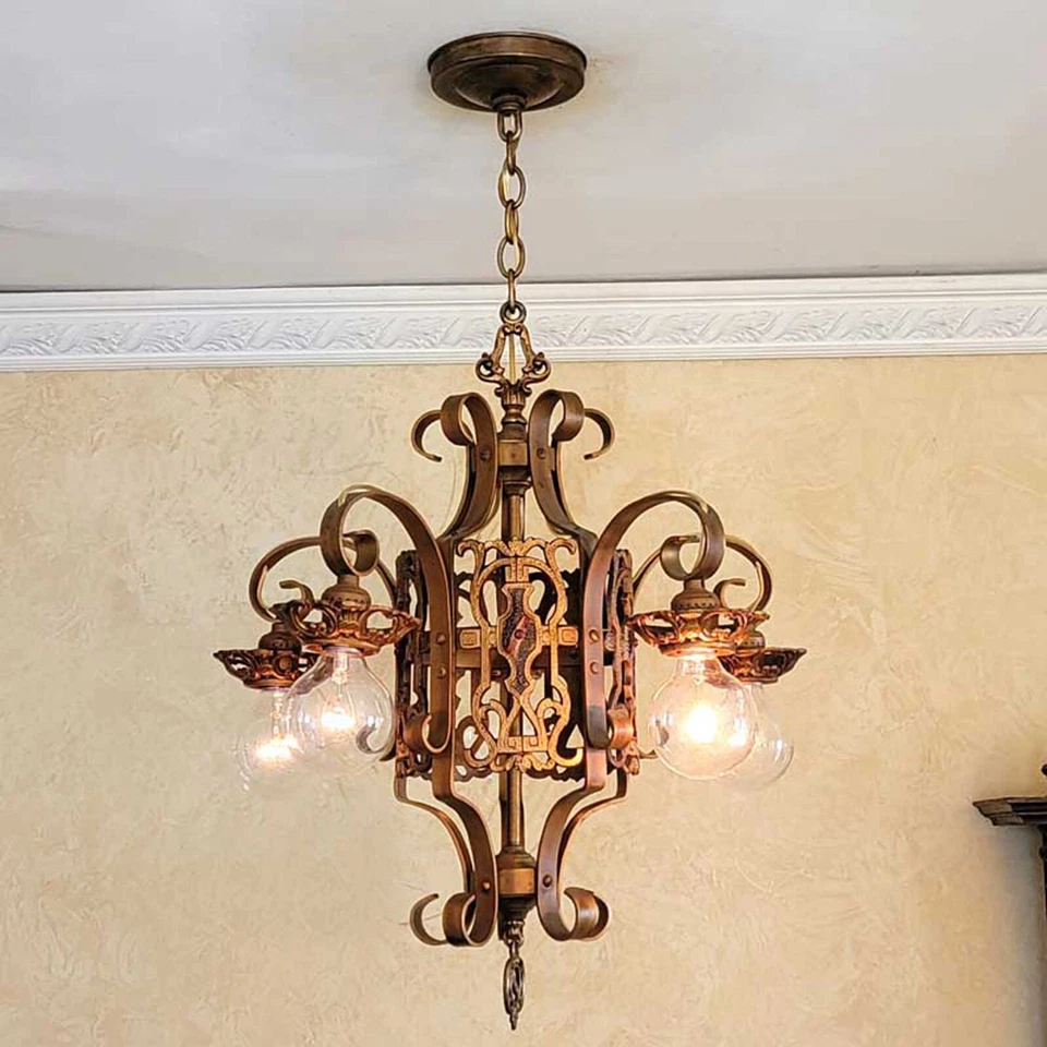 015c Antique 1920s 30s Ceiling Light Chandelier Spanish Revival Tudor mission - Image 2 of 4