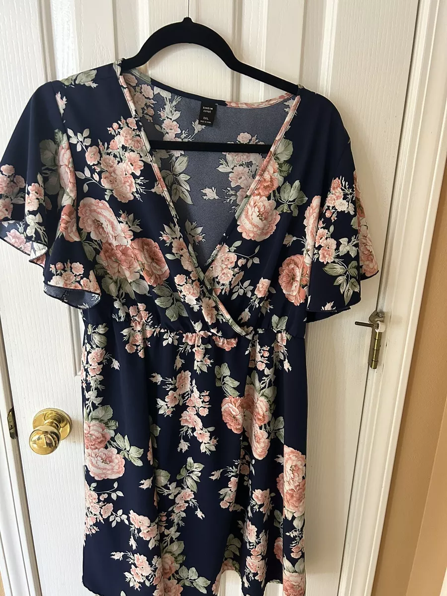 Shein Curve Dress Size 0XL 12 Short Sleeve Blue Floral V Neck Short. Mint Con