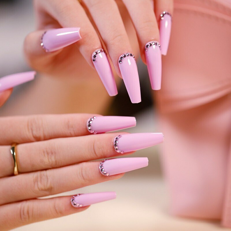 pink nails with rhinestones