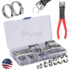 100X Assorted Hose Clamp Stainless Steel Ear Cinch Rings Crimp Pinch Set Pliers