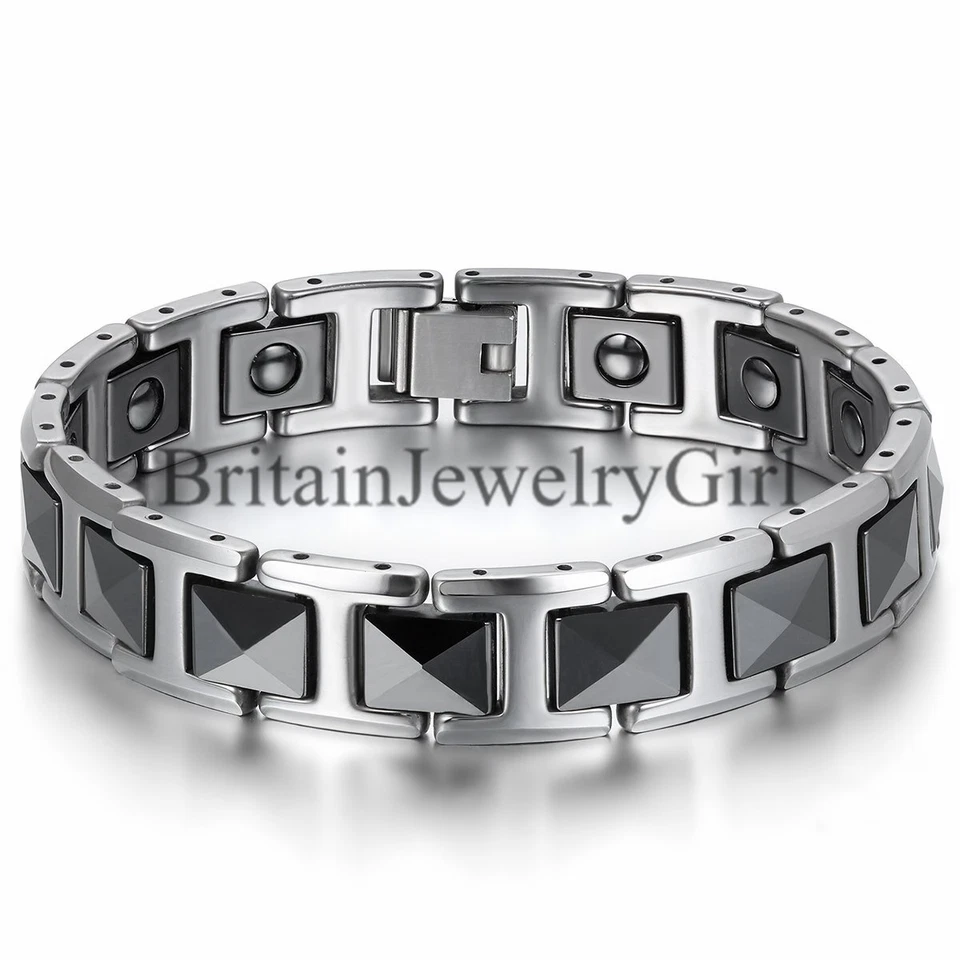 Мужской байкерский здоровый магнитный черный керамический квадратный браслет из звеньев вольфрамовый браслет - Изображение 2 из 4