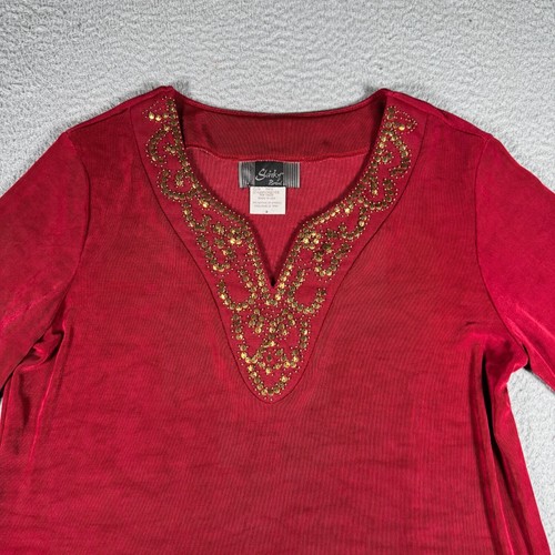 Slinky Brand Blouse Womens Small Red V Neck Acetate Beaded 3/4 Sleeve Casual - Picture 2 of 7