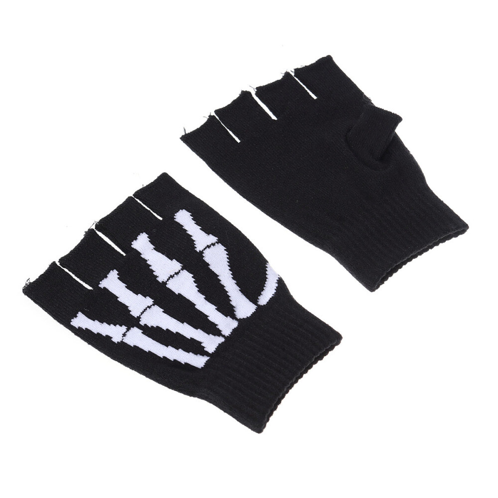 Finger Skeleton Pattern Knit Gloves Skull Bone Gloves Elastic Half