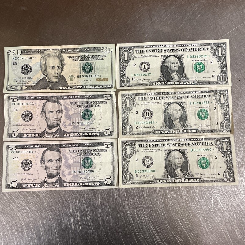 lot of 6 Star Notes. Series 2017A, 2017, 2013. Rare serials. Duplicates