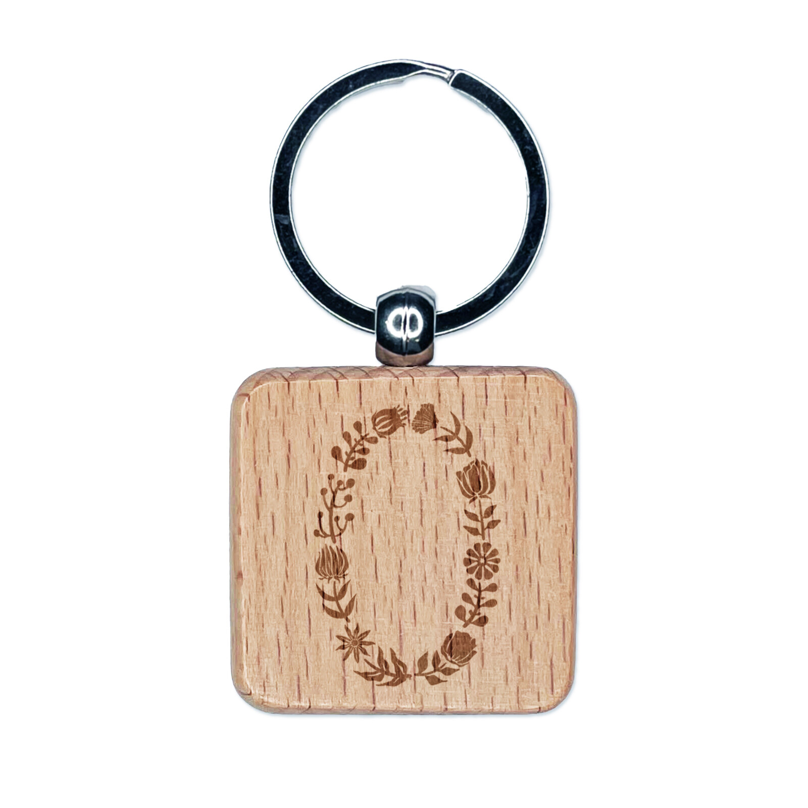 Elegant Botanical Floral Number 0 Engraved Wood Square Keychain Tag Charm