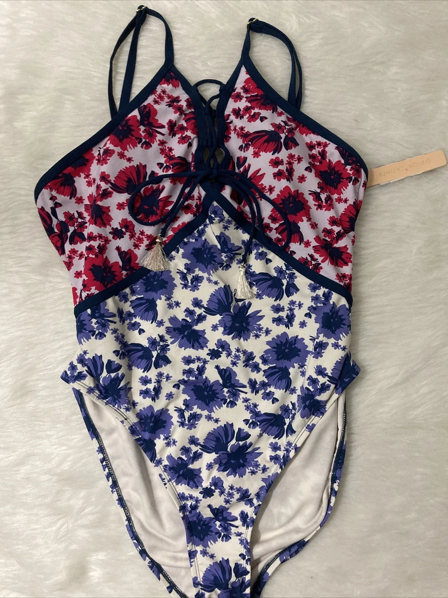 Gibson & Latimer Plunge One-Piece Swimsuit Floral Lace Up Red Blue