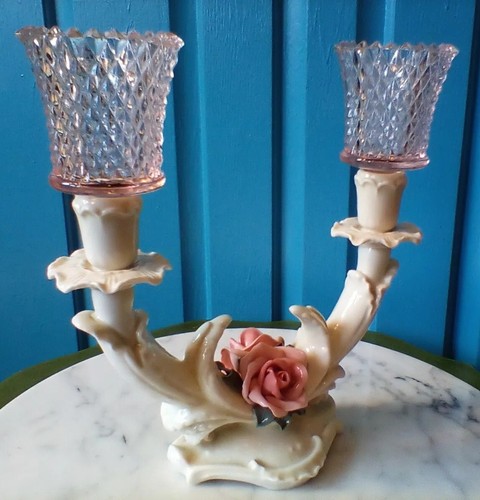Vintage Karl Ens Porcelain Rose Candle Holder Centerpiece Pink Glass Votive - Bild 18 von 23