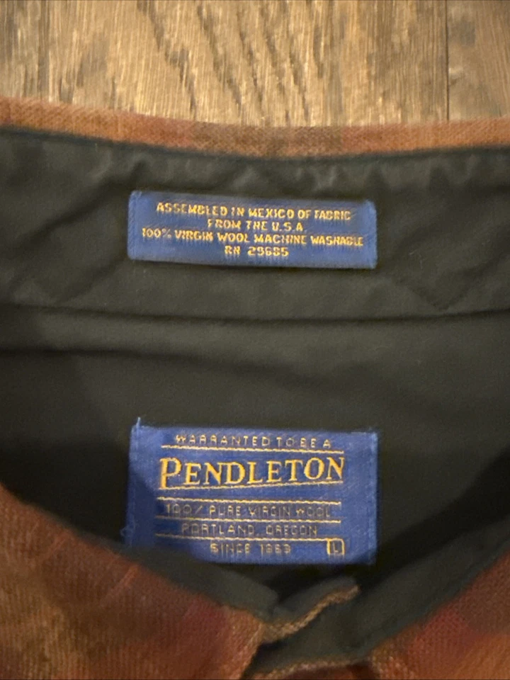 Men’s Pendleton 100% Virgin Wool Plaid Button-Up Shirt – L – Burnt Orange Black - Image 4 of 4