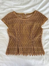 Antique Gold Floral Guipure Lace Top Scalloped Hem Lined Romantic Blouse