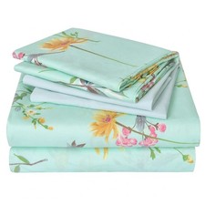Green Floral Queen Sheet Set 6 Piece, Soft Boho Printed Microfiber Bed Sheets Ex