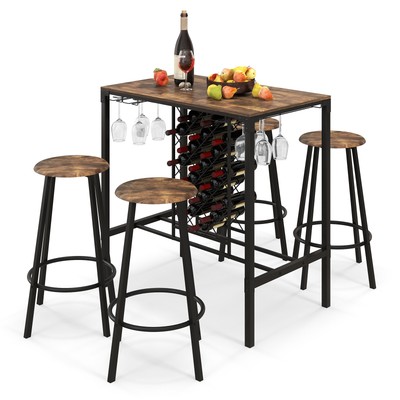 5PCS Bar Table & Stools Set Industrial Bistro Set w/ Wine Rack & Glass Holder