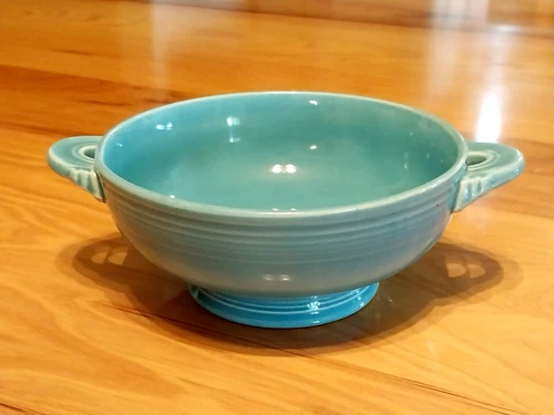 Vintage Fiestaware Footed Cream Soup Bowl w/ Handles Turquoise Blue Fiesta USA