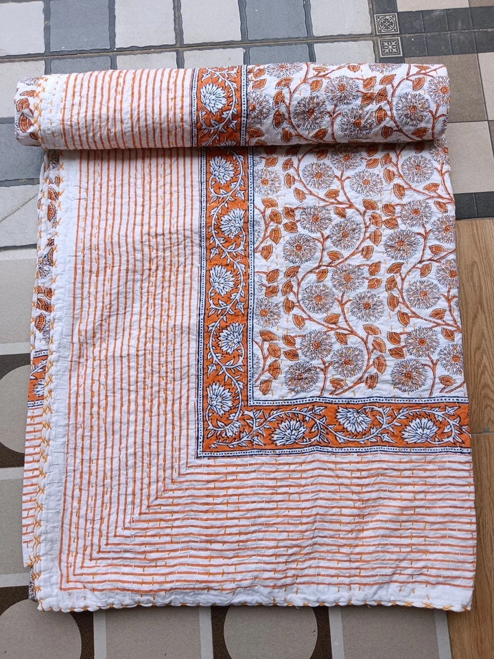 Colcha de algodón con estampado de bloques de mano india edredón Kantha floral Foto 3 de 4