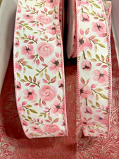 Pink Roses Floral Satin Wired Ribbon 1.5"  2.5" Wide 10 Yards Ivory Background