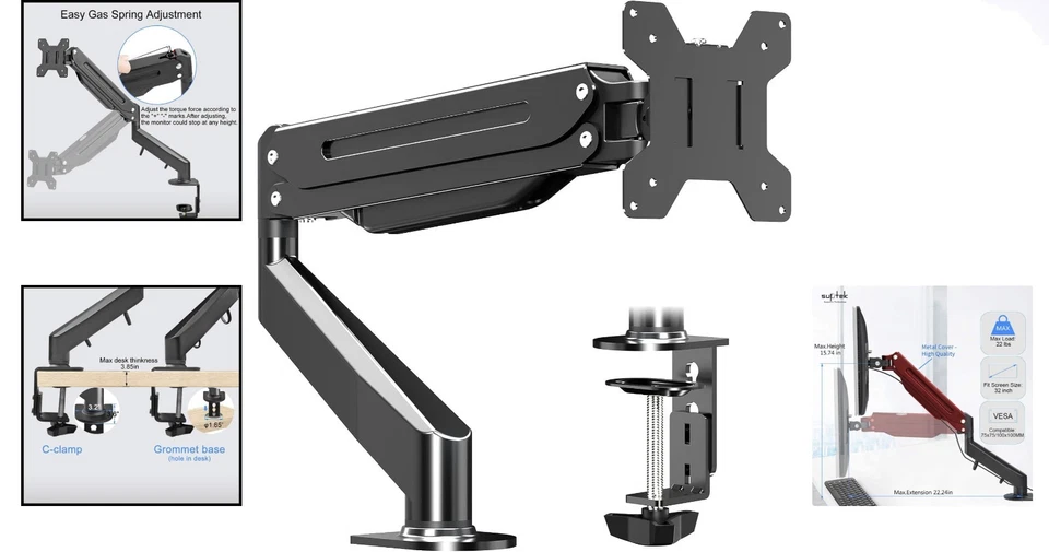 Heavy Duty Gas Spring Monitor Arm - Adjustable for 17-32" Monitors, Easy Setup - Image 2 of 4