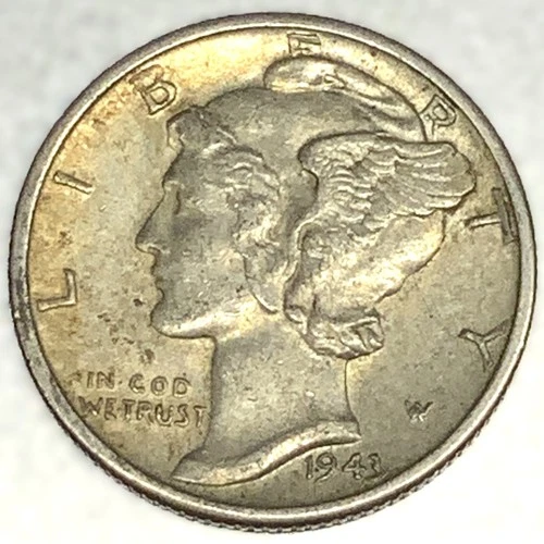 1943-D Mercury Dime 10c AU 90% Silver - 1896
