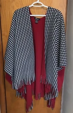 Eivissa Shawl Houndstooth Black White Red Poncho Wrap Cape Fringe One Size