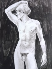Male nude painting. Gay realism original contemporary art ink, brush + signature