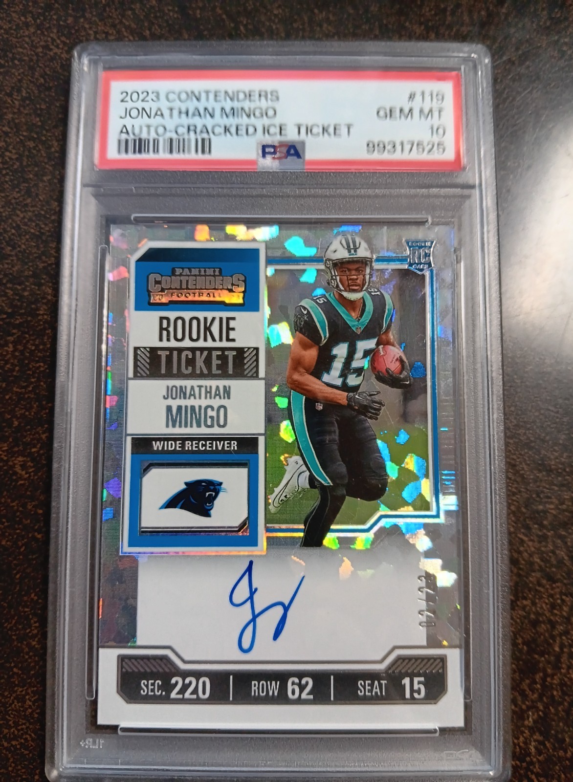 2023 Panini Contenders Jonathan Mingo 2/23 Auto Cracked Ice Rookie Ticket PSA 10