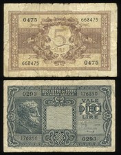 (F1709) 2 Banknotes Italy Italia 1944