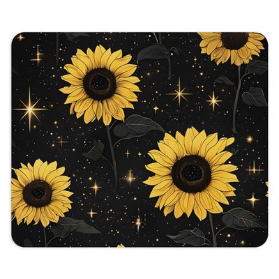 Sunflower Night Sky Mouse Pad | Yellow Sunflowers on Black Starry Background