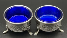 Pair Of B & M Repousse Sterling Silver Open Salt Cellars Cobalt Liners