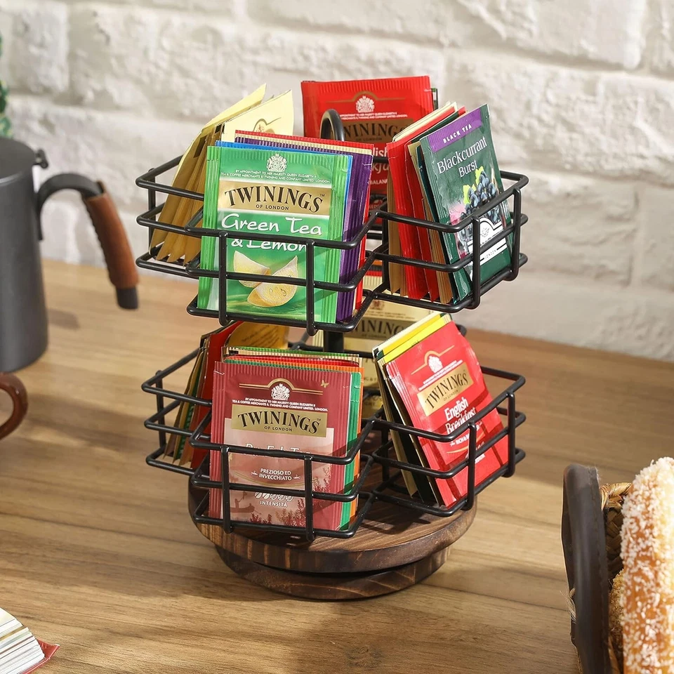 Черные металлические корзины и деревенская обожженная деревянная основа Lazy Susan, органайзер для чайных пакетиков - Изображение 2 из 4