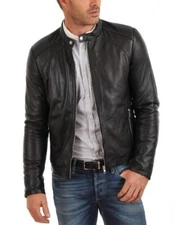 Men Biker Leather Motorcycle Genuine Leather Black Bomber Jacket XS-2XL FB223