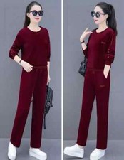Completo Donna Maglia Felpa Pantaloni Casual Rosso Vino Velluto Comodi 49833